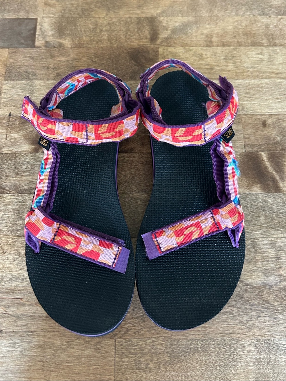 Teva Purple Sandals with Pink and Orange Patterned Straps